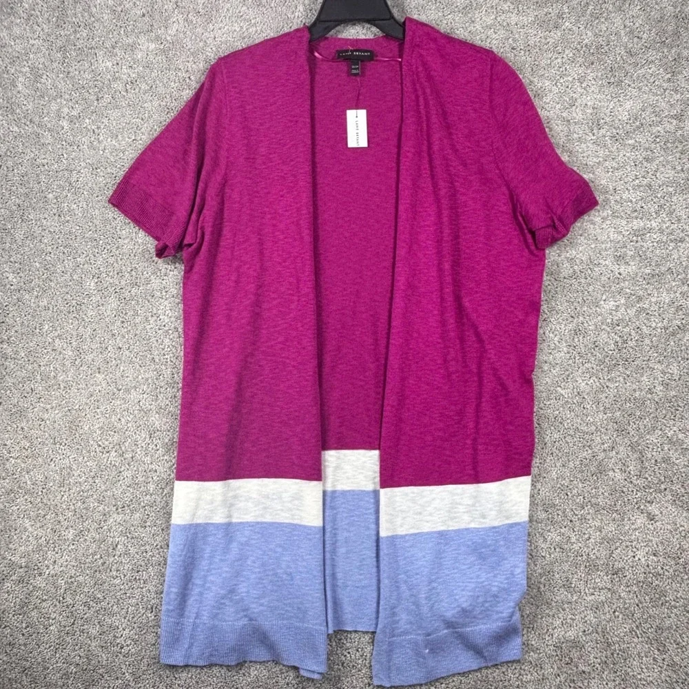 Lane Bryant Womens 22/24 Colorblock Short Sleeve Open Front Cardigan Pink Blue